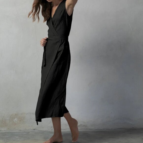 LUXMII Safari Black Wrap Linen Dress Size Medium Sustainably and Ethically Made - Picture 2 of 11